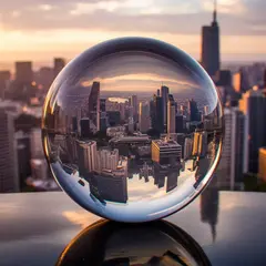 Bria FIBO — A glass sphere refracting a distorted cityscape, s