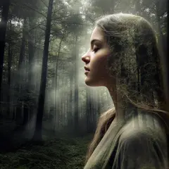 Bria FIBO — A double exposure photograph combining a forest wi