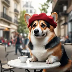 Bria FIBO — A corgi wearing a red beret sitting in a Parisian 