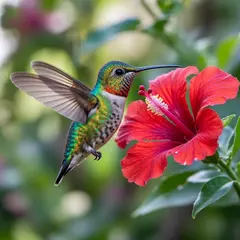 Bria FIBO — A hummingbird hovering next to a bright red flower