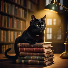 Bria FIBO — A black cat sitting on a stack of old books in a c