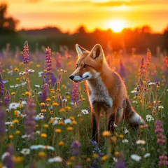 Bria FIBO — A fox in a field of wildflowers, backlit by sunset