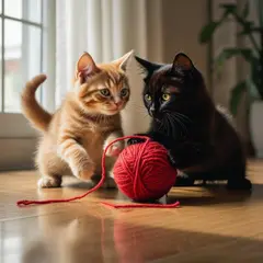 Bria FIBO — Two kittens playing with a ball of red yarn on a h