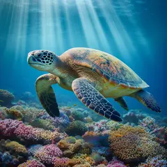 Bria FIBO — A giant sea turtle swimming over a coral reef, und