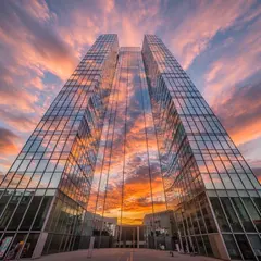 Bria FIBO — A modern glass skyscraper reflecting clouds at sun