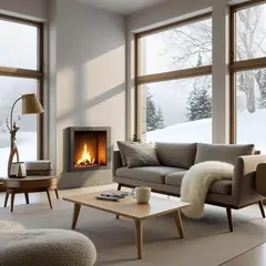 Bria FIBO — A cozy Scandinavian living room with a fireplace, 