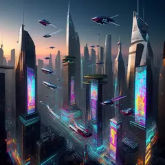 Bria FIBO — A futuristic city skyline with flying vehicles, sl