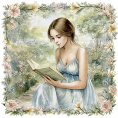 Bria FIBO — A woman reading a book in a garden, watercolor pai