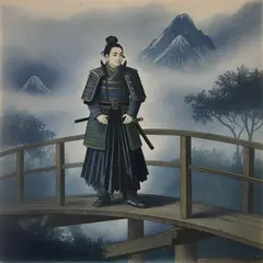 Bria FIBO — A lone samurai standing on a misty bridge, ukiyo-e
