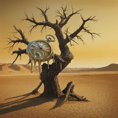 Bria FIBO — A surreal melting clock draped over a barren tree 