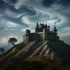 Bria FIBO — A medieval castle on a hilltop, fantasy art style,