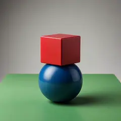 Bria FIBO — A red cube on top of a blue sphere, both sitting o