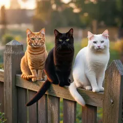 Bria FIBO — Three cats of different colors sitting in a row on