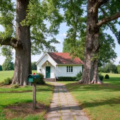 Bria FIBO — A small house between two tall trees, with a path 