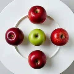Bria FIBO — Five red apples arranged in a circle on a white ta