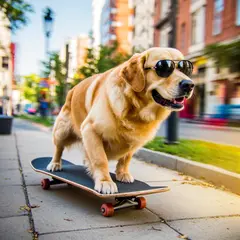 Bria FIBO — A dog wearing sunglasses riding a skateboard down 