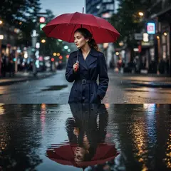 Bria FIBO — A woman holding an umbrella in the rain, reflected