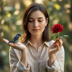 Bria FIBO — A bird perched on the left hand of a person, the r