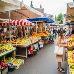 Bria FIBO — A busy farmer's market scene with at least six dif