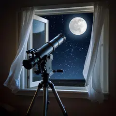 Bria FIBO — A telescope pointing at the moon through an open w