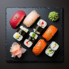 Bria FIBO — A perfectly plated sushi omakase on a black slate 