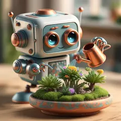 Bria FIBO — A 3D render of a cute robot watering plants in a m