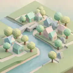 Bria FIBO — An isometric low-poly village with tiny houses, tr