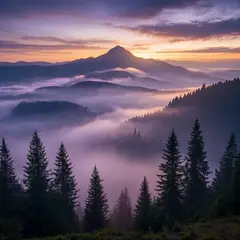 Bria FIBO — A misty mountain range at sunrise, layers of purpl