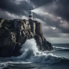 Bria FIBO — A coastal cliff with crashing waves below, lightho