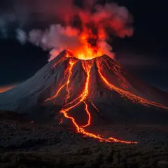 Bria FIBO — A volcano erupting at night with lava flowing down