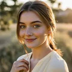 Bria FIBO — A young woman with freckles and green eyes, golden