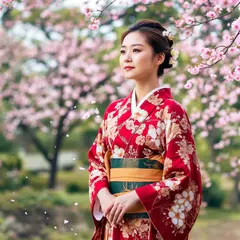 Bria FIBO — A Japanese woman in a red kimono standing under ch