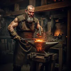Bria FIBO — A bearded blacksmith in a dark workshop, sparks fl