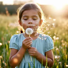 Bria FIBO — A child blowing dandelion seeds in a sunlit meadow