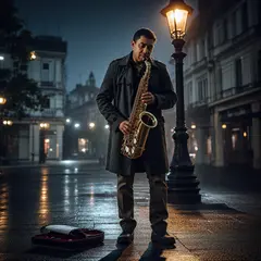 Bria FIBO — A street musician playing saxophone under a lamppo