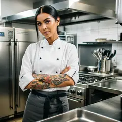 Bria FIBO — A tattooed chef in a white coat, arms crossed, con