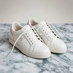 Bria FIBO — A pair of white leather sneakers on a marble count