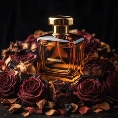 Bria FIBO — A bottle of amber perfume on a bed of dried roses,