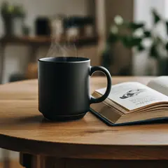 Bria FIBO — A matte black coffee mug with steam rising, placed