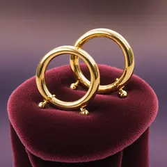 Bria FIBO — A pair of gold hoop earrings on a velvet jewelry d