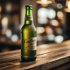 Bria FIBO — A green glass bottle of craft beer with condensati