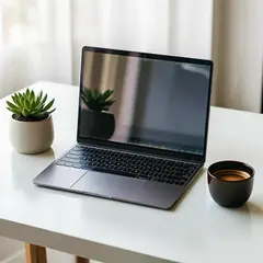 Bria FIBO — A sleek laptop on a clean white desk with a potted
