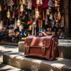 Bria FIBO — A leather messenger bag on a sun-dappled step in a