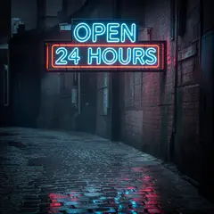 Bria FIBO — A glowing neon sign reading OPEN 24 HOURS in a dar