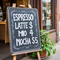 Bria FIBO — A hand-lettered chalkboard menu outside a coffee s