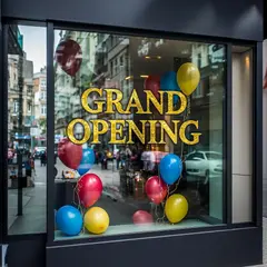Bria FIBO — A storefront window with GRAND OPENING painted in 