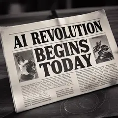 Bria FIBO — A newspaper headline reading AI REVOLUTION BEGINS 