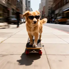 FLUX.2 [dev] — A dog wearing sunglasses riding a skateboard down 
