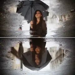 FLUX.2 [dev] — A woman holding an umbrella in the rain, reflected