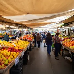 FLUX.2 [dev] — A busy farmer's market scene with at least six dif